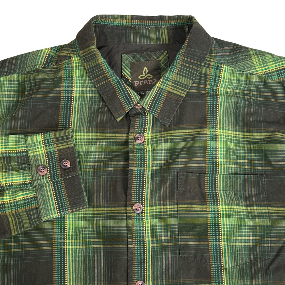 Prana Rennin Shirt Green Plaid Organic Cotton Long Sleeve Button Down Mens XL